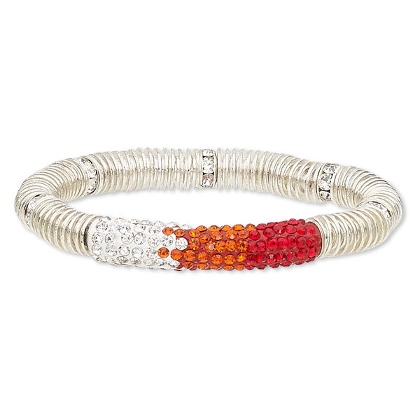 Bracelet, stretch, glass rhinestone / polymer clay / silver-plated brass / steel / "pewter" (zinc-based alloy), red / white / multicolored, 9mm wide with 45x9mm curved tube, 7 inches. Sold individually. image number 0