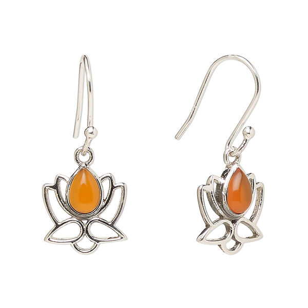 Ear wire, Create Compliments®, antiqued sterling silver and carnelian (dyed/heated), fishhook, 26.5mm with 12mm single-sided open lotus, 21 gauge. Sold per pair. image number 0