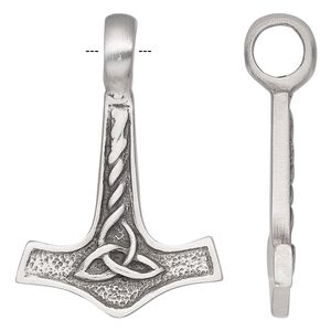 Pendant, antiqued pewter (tin-based alloy), 42x28.5mm single-sided Thor's hammer with knot. Sold individually.