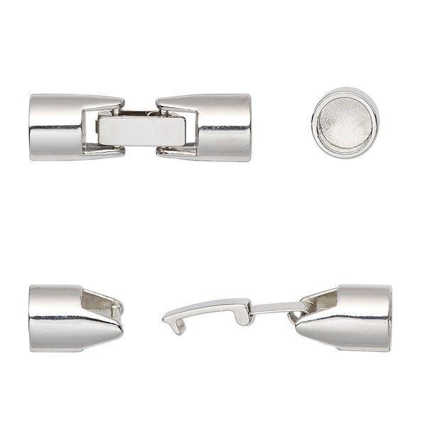 Clasp, fold-over, imitation rhodium-plated "pewter" (zinc-based alloy), 33x10mm with glue-in ends, 7.5mm inside diameter. Sold individually. image number 0