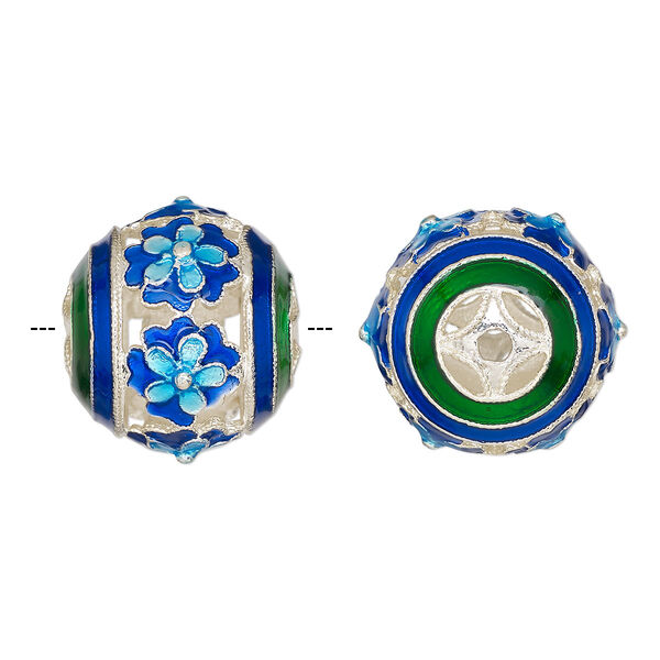 Bead, silver-finished and enamel, light blue / blue / green, 19mm round with cutout flower design. Sold individually. image number 0