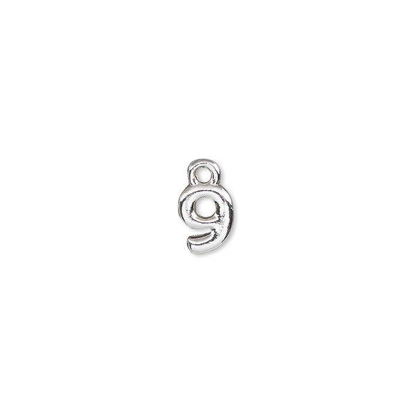 Charm, silver-finished "pewter" (zinc-based alloy), 7.5x6mm number 9. Sold per pkg of 2. image number 0