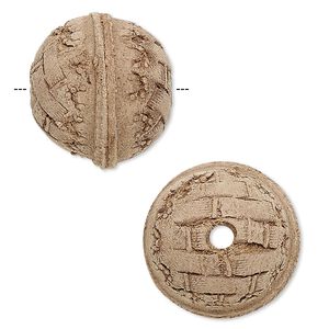 Bead, leather, brown, 16.5-20.5mm round with etched weave design. Sold individually.