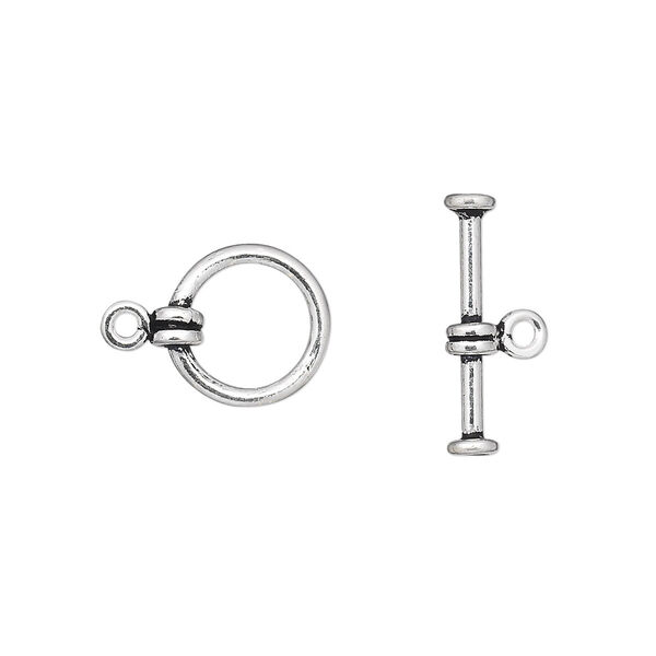 Clasp, toggle, antiqued sterling silver, 10mm smooth round. Sold per pkg of 4. image number 0