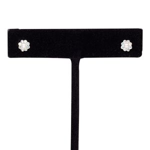 Earstud, glass pearl / glass rhinestone / sterling silver, clear AB and white, 5mm flower with post. Sold per pair.