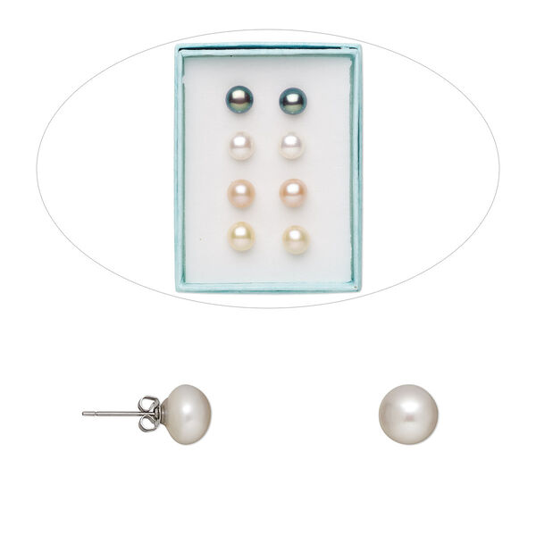 Earstud, cultured freshwater pearl (bleached / dyed) and stainless steel, assorted colors, 9.5-10mm button with post. Sold per pkg of 4 pairs. image number 0
