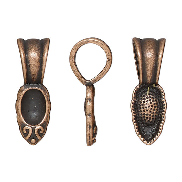 Bail, glue-on, antique copper-finished "pewter" (zinc-based alloy), 25.5x8.5mm leaf with 15x8.5mm pad. Sold per pkg of 10. image number 0