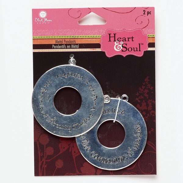 Focal, antique silver-finished "pewter" (zinc-based alloy), 41mm round donut with "imagination is everything it's the preview of life's coming attractions" and "patience is the companion of wisdom." Sold per pkg of 2. image number 0