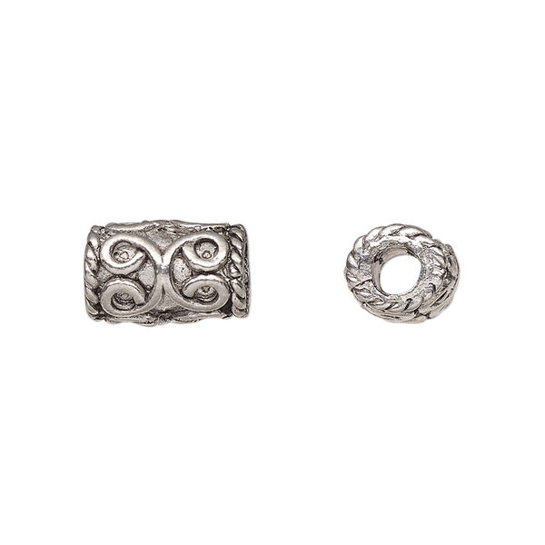 Bead, pewter (tin-based alloy), pkg/1, antiqued, 13x9mm tube with rope edge. image number 0