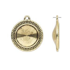 Drop, Almost Instant Jewelry®, antique gold-finished "pewter" (zinc-based alloy), 23mm round with triangle and beaded design with 16mm rivoli setting. Sold per pkg of 6.