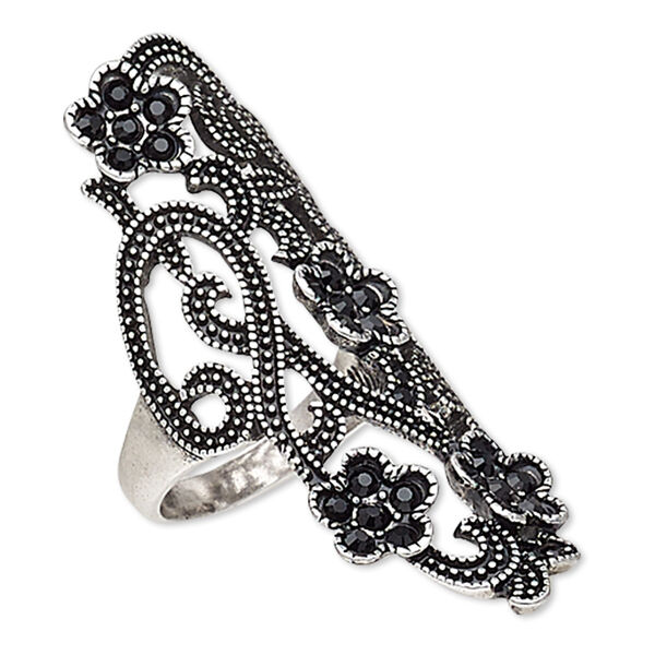 Ring, Austrian crystal and antique silver-plated "pewter" (zinc-based alloy), black, 50mm wide with flower design, size 8. Sold individually. image number 0