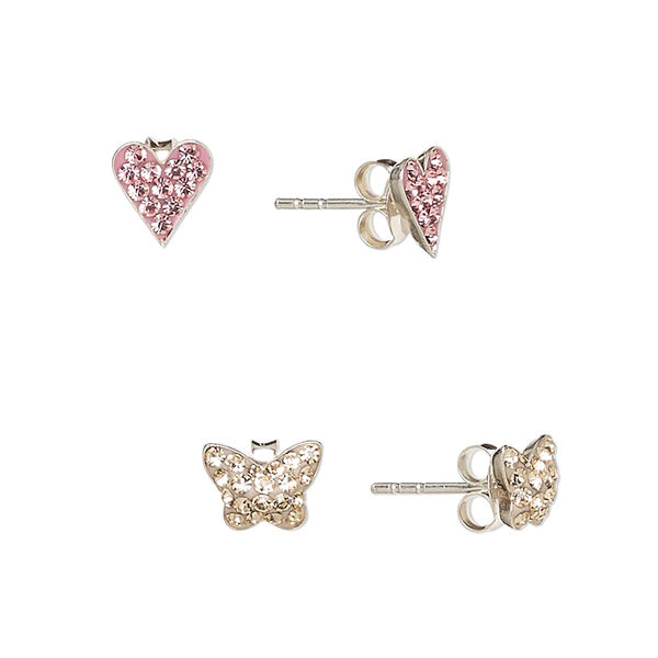 Earstud, sterling silver / glass rhinestone / epoxy, pink and yellow, 7x6.5mm heart and 8x6mm butterfly with post. Sold per pkg of 2 pair. image number 0