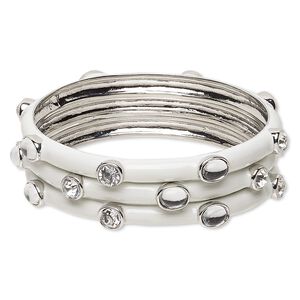 Bracelet, bangle, enamel / glass rhinestone / imitation rhodium-finished "pewter" (zinc-based alloy), white and clear, 7.5mm wide, 8-1/2 inches. Sold per pkg of 3.