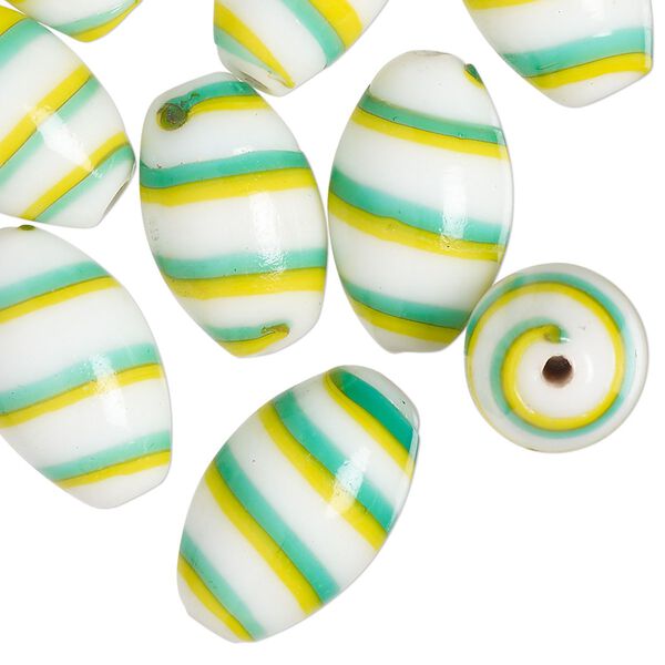 Bead, lampworked glass, opaque yellow / sky blue / white, 20x11mm oval. Sold per pkg of 10. image number 0