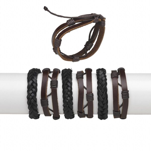 Bracelet, leather (dyed), black and brown, 12-16mm wide, adjustable from 7-9 inches with knot closure. Sold per pkg of 6. image number 0