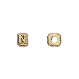 Bead, antique gold-plated pewter (tin-based alloy), 8x6mm rectangle with alphabet letter "N." Sold per pkg of 4.