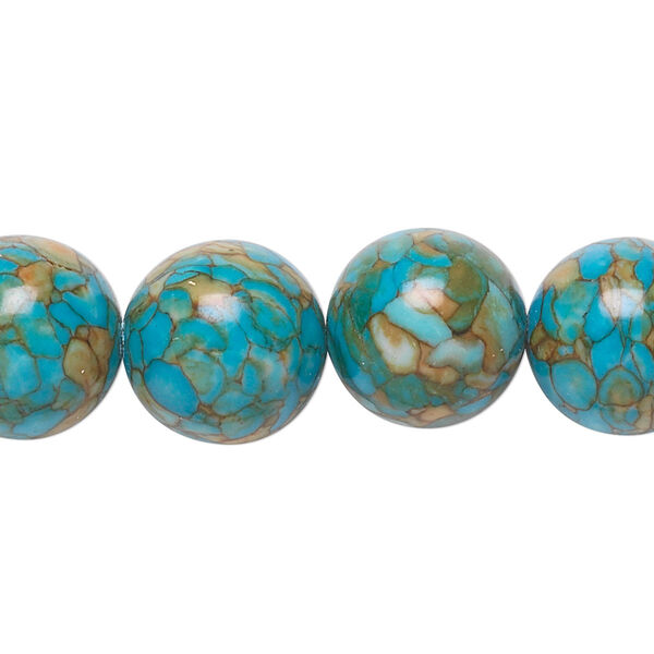 Bead, mosaic "turquoise" (magnesite) (dyed / assembled), blue, 14mm round, B grade, Mohs hardness 3-1/2 to 4. Sold per 15-1/2" to 16" strand. image number 0