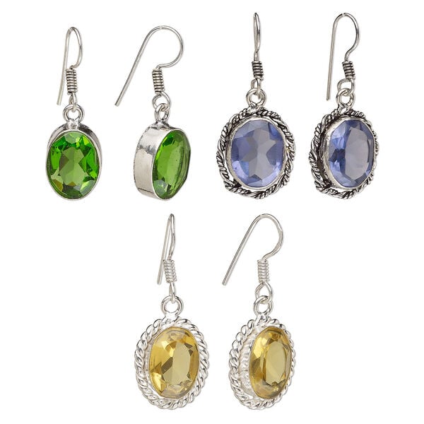 Earring mix 1pkg6, glass with silver- and antique silver-finished brass, mixed colors, 1-1/4 inch to 1-3/4 inch oval and teardrop with fishhook ear wire. 3 pairs. image number 0