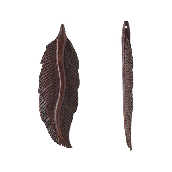 Focal, arang wood (natural), dark brown, 3-3/4 x 1-1/4 inch hand-carved side-drilled double-sided feather. Sold individually. image number 0