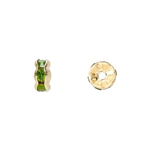 Bead, glass rhinestone and gold-finished brass, peridot green, 8x4mm rondelle. Sold per pkg of 10.