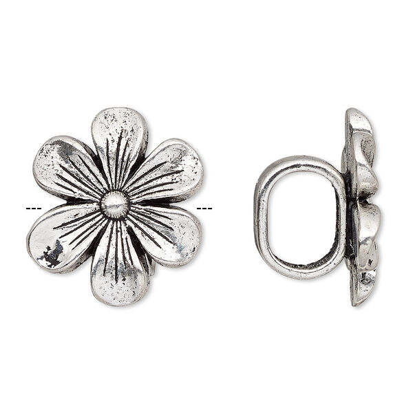 Slide, antique silver-plated "pewter" (zinc-based alloy), 21x21mm flower with hidden loop, 10x7.5mm hole. Sold per pkg of 4. image number 0