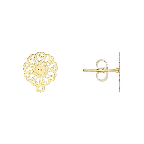 Earstud, Lazer Lace™, gold-finished stainless steel, 11mm filigree flower with closed loop. Sold per pkg of 4 pairs. image number 0
