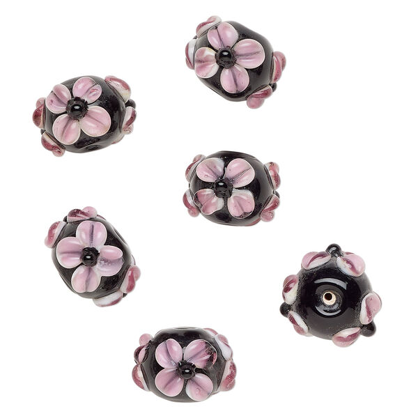 Bead, lampworked glass 1pkg6, opaque black / translucent white / purple, 18x13mm rondelle with flowers. image number 0