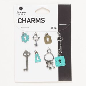 Charm assortment, "pewter" (zinc-based alloy), green patina, 12x6mm-24x12mm lock and key. Sold per pkg of 8.