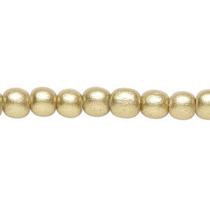 Bead 1pkg1, Taiwanese cheesewood (coated), painted metallic yellow gold, 5-6mm round, 15-1/2 to 16 inches.