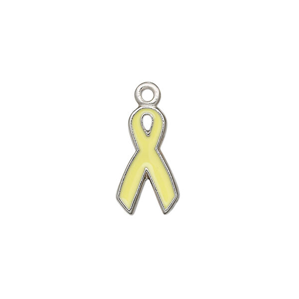 Charm, antiqued pewter (tin-based alloy), yellow, 16x9mm awareness ribbon. Sold per pkg of 2. image number 0