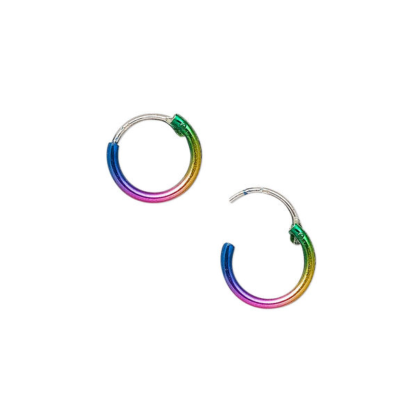 Earring, sterling silver, color-coated rainbow, 10mm round with endless-loop closure. Sold per pair. image number 0