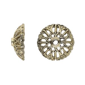 Bead cap, antique gold-finished "pewter" (zinc-based alloy), 19x7mm round with open flower design and 2mm hole, fits 18-24mm bead. Sold per pkg of 12.