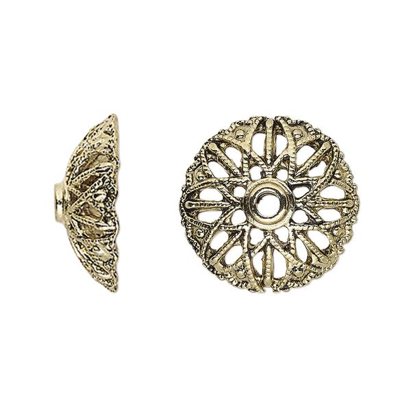 Bead cap, antique gold-finished "pewter" (zinc-based alloy), 19x7mm round with open flower design and 2mm hole, fits 18-24mm bead. Sold per pkg of 12. image number 0