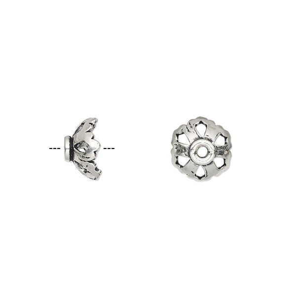 Bead cap, antiqued sterling silver, 9x4mm flower with cutout design, fits 8-10mm bead. Sold per pkg of 6. image number 0