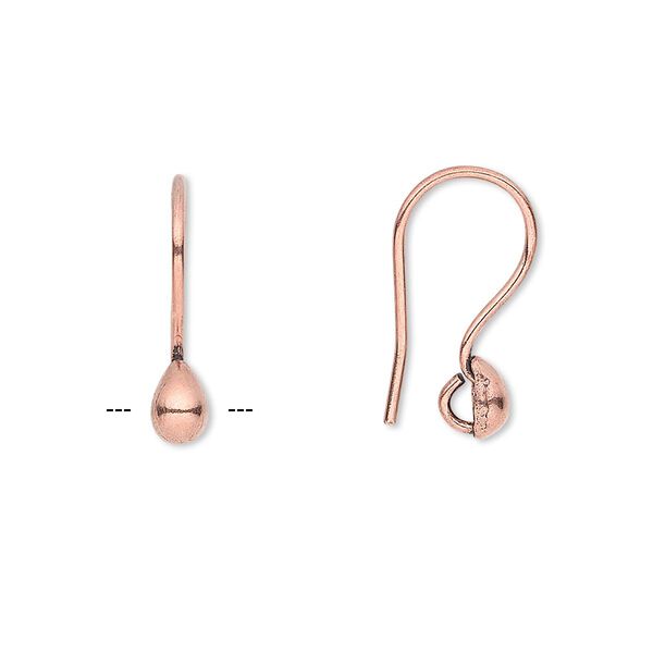 Ear wire, antique copper-plated copper, 18.5mm fishhook with 5x4mm teardrop and open loop, 20 gauge. Sold per pkg of 10 pairs. image number 0