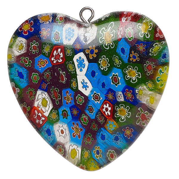 Focal, silver-finished steel and millefiori glass, opaque multicolored, 37-40mm puffed heart. Sold individually. image number 0