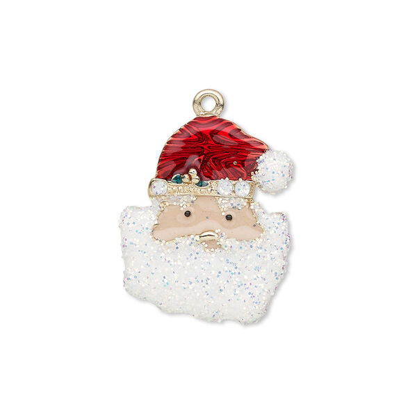 Charm, enamel and gold-finished "pewter" (zinc-based alloy), multicolored with glitter, 22x18mm single-sided Santa Claus head. Sold individually. image number 0