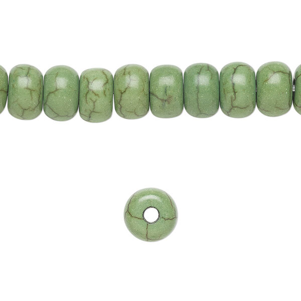 Bead, magnesite (dyed / stabilized), green, 8x5mm rondelle, B grade, Mohs hardness 3-1/2 to 4. Sold per pkg of 10. image number 0