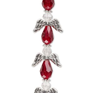 Bead, crystal and antique silver-plated "pewter" (zinc-based alloy), transparent red and clear, 17x14mm angel. Sold per pkg of 6.