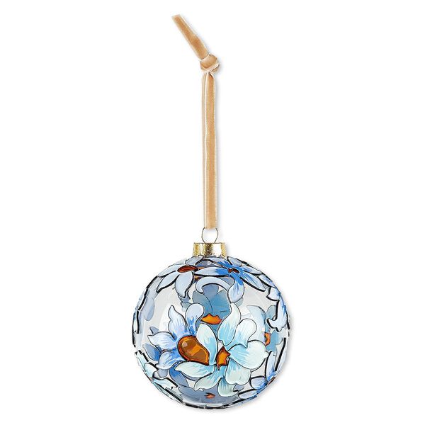 Ornament, cloisonné, glass / enamel / velveteen ribbon / black-finished copper / gold-finished brass / steel, clear and multicolored with glitter, 3-inch round with flower design. Sold individually. image number 0