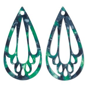Focal, resin, green and dark green, 49x25mm teardrop with cutouts. Sold per pkg of 4.