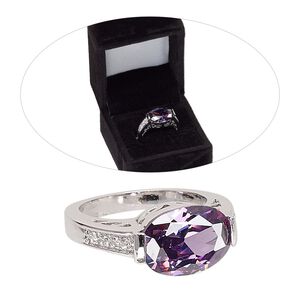 Ring, cubic zirconia and rhodium-finished brass, amethyst purple and clear, 10mm oval with cutout scroll design, size 8. Sold individually.
