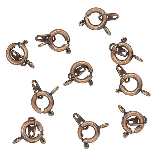 Clasp, springring, antique copper-finished brass, 7mm round with chain tab. Sold per pkg of 10. image number 0