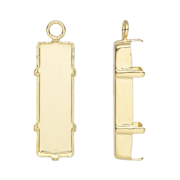 Drop, gold-plated brass, 25x9mm rectangle with closed loop and 24x8mm 6-prong faceted rectangle setting (4547) with closed back. Sold per pkg of 4. image number 0