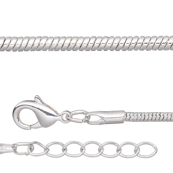 Chain, silver-plated brass, 2mm snake, 24 inches with 1-inch extender chain and lobster claw clasp. Sold per pkg of 2. image number 0
