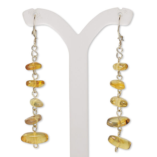 Earring, amber (natural) and 14Kt gold-filled, 53mm with chip and curved kidney ear wire. Sold per pair. image number 0
