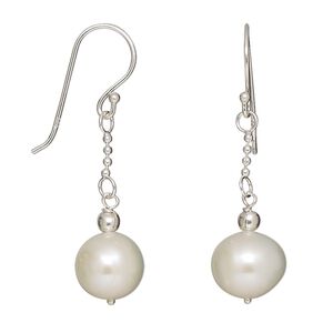 Earring, sterling silver and cultured freshwater pearl, white, 9mm round drop with fishhook ear wire, 35x9mm overall. Sold per pair.