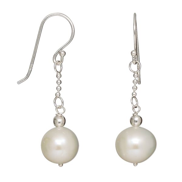 Earring, sterling silver and cultured freshwater pearl, white, 9mm round drop with fishhook ear wire, 35x9mm overall. Sold per pair. image number 0