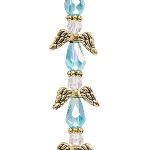 Bead, crystal and antique gold-finished "pewter" (zinc-based alloy), translucent medium blue AB and clear, 17x14mm angel. Sold per pkg of 6.