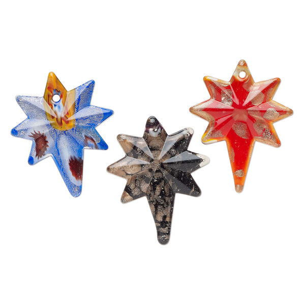 Random focal mix, lampworked glass, translucent mixed colors, 41x38mm-45x40mm star with copper-colored glitter and silver-colored foil. Sold per pkg of 3. image number 0